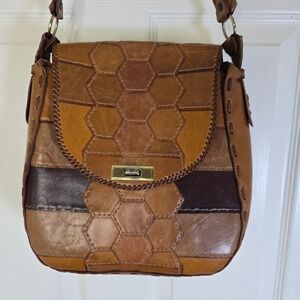 Vintage Leather Patchwork Shoulder Bag Brown Handbag handmade Purse